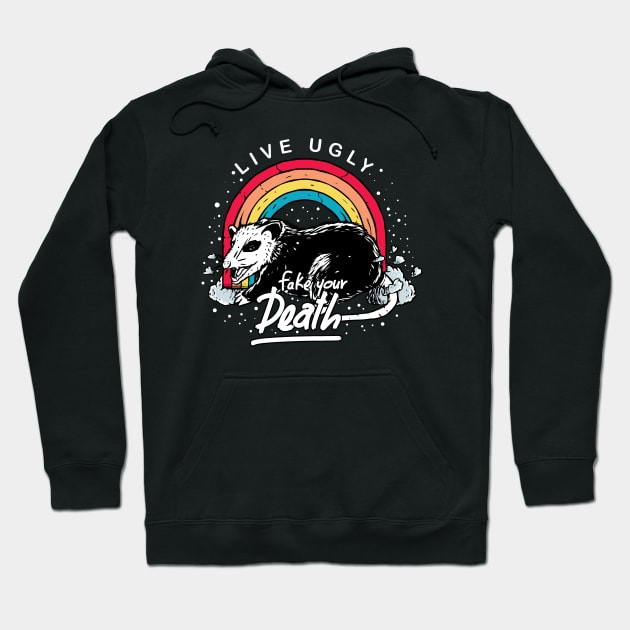 Live Ugly Fake Your Death Funny Rainbow Opossum Vintage Hoodie by A Comic Wizard